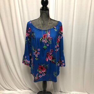 New York Laundry Peasant Shirt Womens Size Large Blue Floral Bell Sleeve NEW